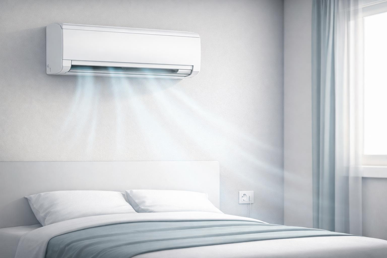 Visualisierung eines Innengeräts direkt über dem Bett im Schlafzimmer